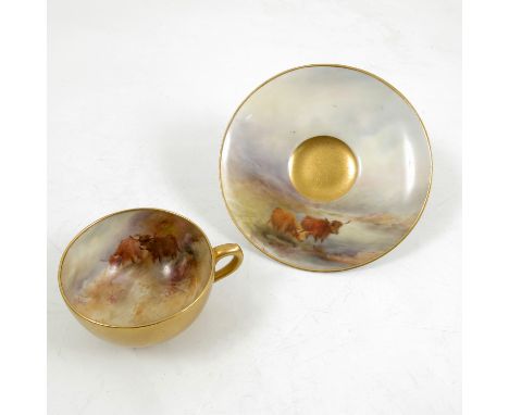 A Royal Worcester cabinet cup and saucer, the interior of the cup and the saucer decorated with Highland cattle in landscape 