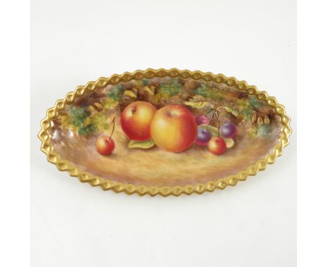 A Royal Worcester oval pin dish, hand painted with fruit to a mossy background by Bowen, with gilt shaped edge, diameter 7.25