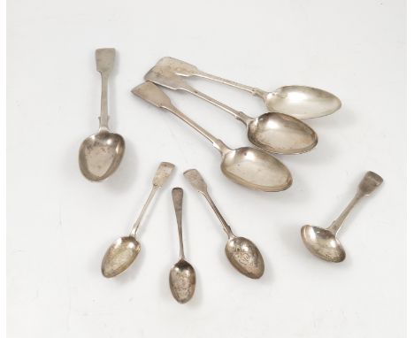 Three Georgian silver fiddle pattern serving spoons, engraved with initials, Glasgow 1819, maker Mitchell & Russell, weight 7