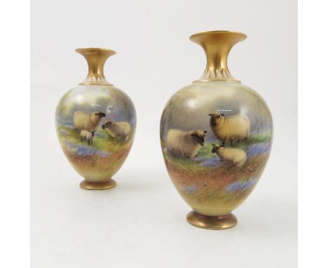 A pair of Royal Worcester vases, hand painted to the front with sheep in landscape by E Barker, shape number H302, dated 1929