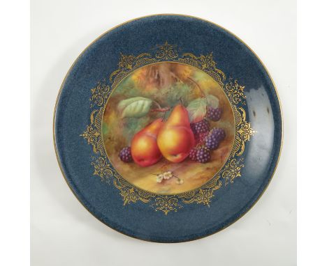 A Royal Worcester plate, decorated with hand painted fruit by Horace Price to a sabrina blue and gilt border, dated 1928, dia