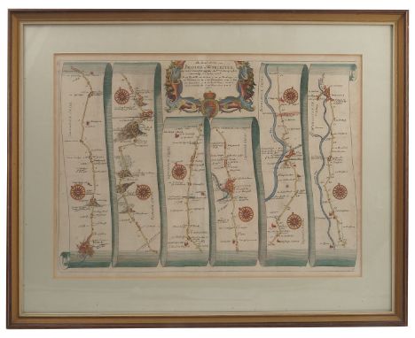 An Antique hand coloured road map, Bristoll to Worcester, by John Ogisby, 13ins x 18ins