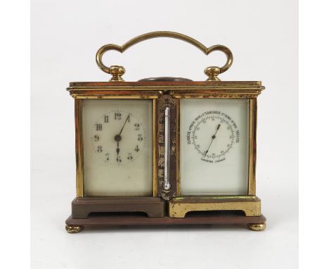 A Victorian brass combined carriage clock, barometer, formed as two carriage clocks joined together with central mercury fill