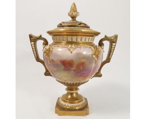 A Royal Worcester covered pot pourri, hand painted all around with Highland cattle in landscape by H Stinton, raised on a ped