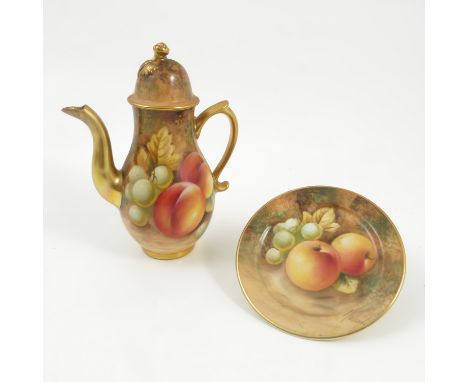 A Royal Worcester miniature coffee pot, hand painted all around with fruit to a mossy background by Roberts, af, height 5ins,