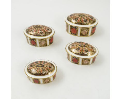 A set of four Royal Crown Derby graduated oval patch boxes, decorated in the 1128 Imari pattern, 1987 and 1989, diameter 3.5i