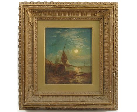 A 19th century English School, oil on panel, moonlit beach scene with beached sailing boat and figures, 9ins x 7ins