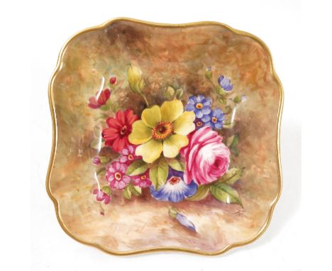 A Royal Worcester shaped square dish, hand painted with flowers to a mossy ground by Freeman, dated 1938, width 4.75ins