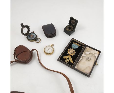 A C H Kemp Ltd London military issue Verners pattern compass, in a brass and lacquered case, with leather carry case, togethe