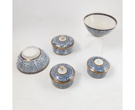 Three Worcester covered circular dressing table pots, all decorated in the Royal Lily pattern, one with a scratched B, one im