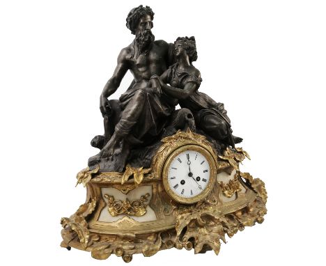 A 19th century gilt metal and spelter mantel clock, the striking movement stamped Hatton Paris 14672, the white enamel dial s