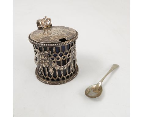 A Victorian silver mustard pot, the pierced sides decorated with swags and flower roundels, the lid engraved with a crest, ha