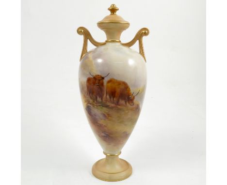 A Royal Worcester covered vase, painted with Highland cattle in landscape by H Stinton, with blush ivory cover, neck, handles