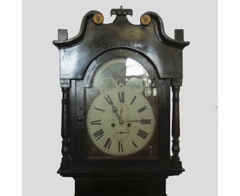 An oak longcase clock, with arched dial and moon roller and subsidiary dials, face inscribed Woolride Sampson