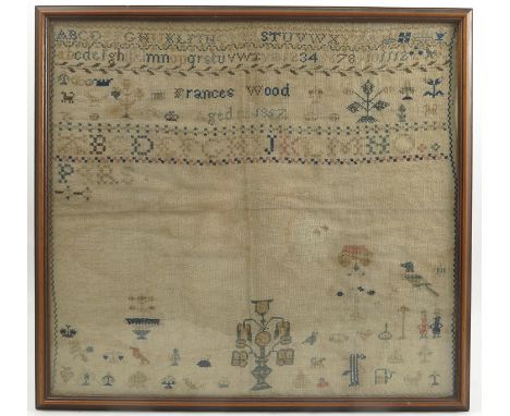 An unfinished 19th century tapestry sampler, with verse, alphabet, flowers and birds, by Frances Wood aged 13 1857, 15.5ins x