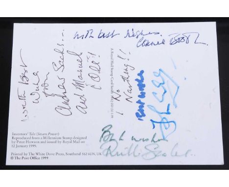 Fawlty Towers, a Royal Mail 1999 Inventors' Tale Steam Power stamp card, signed by cast members John Cleese, Connie Booth, Pr