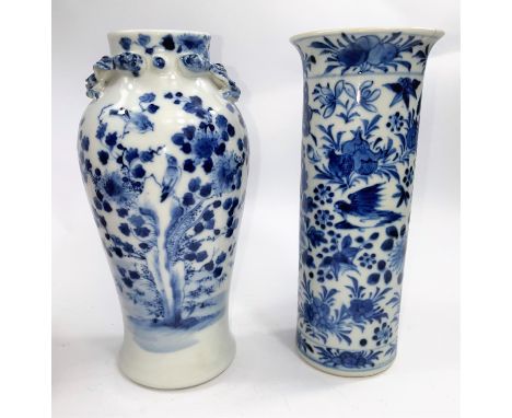 A Chinese blue and white sleeve vase with flared rim, fourcharacter mark to base, height 21cm, (hairline crack from rim),anot