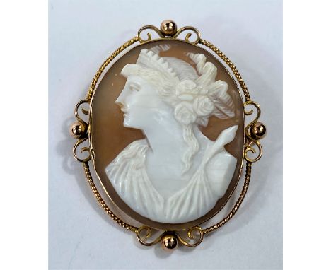 A shell cameo, female bust portrait, in yellow metal rope twist and wirework surround, stamped '9 ct' 