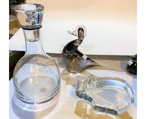 An originally boxed Orrefors glass bear; a Scandinavian decanter and a Wedgwood duck 