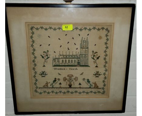 An Early 19th century sampler depicting Wrexham Church by: Mary McMullens aged 11, dated 1829 , 30 x 31cm Several small areas