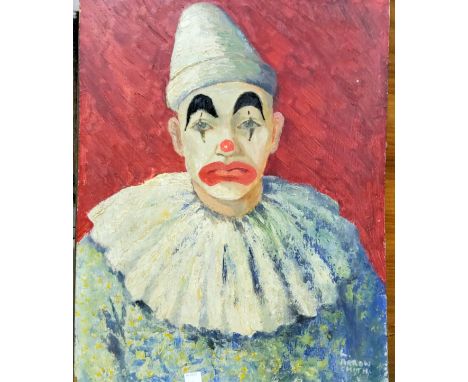 Lily Arrowsmith half length portrait of a clown, signed 47 x 35cm unframed; a pencil drawing of an eagle framed and glazed