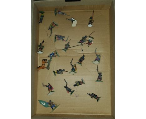 A selection of vintage Britains style painted metal table topwar miniatures of crusade spearmen with mostly with shields 