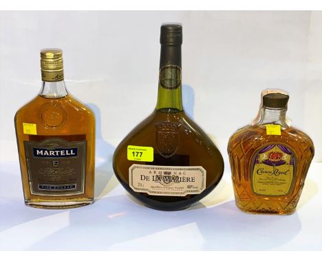 1 x 70cl bottle of De La Maziere Armagnac; 1 35cl bottle of Martell Fine Cognac; 500ml bottle of Crown Royal Blended Canadian