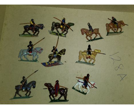 A selection of vintage Britain's style painted metal table topwar miniatures of Crusade spearmen on horse back 