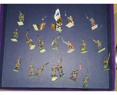 A selection of vintage Britains style painted metal table topwar miniatures of crusade spearmen with mostly with shields 