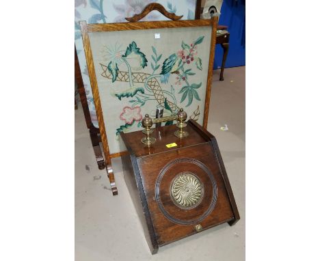 A mahogany slope front coal box with brass mounts; a needlework firescreen 