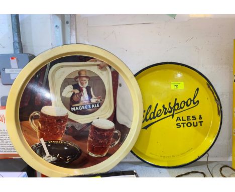 An enamel tray advertising Wilderspool Ales &amp; Stout; a tin tray advertising Magees ale 
