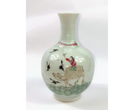 A Chinese squat globular vase with detailed decoration of man on ox and a couple on clouds with raised standard, with slightl