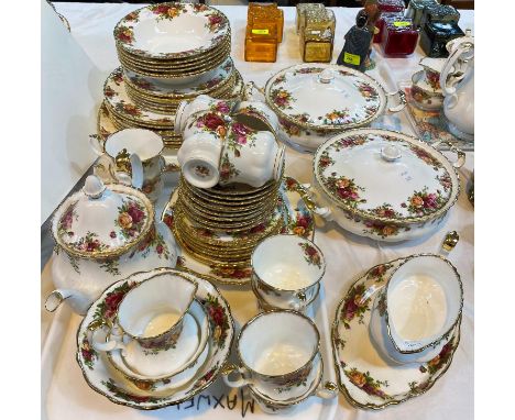 A large selection of Royal Albert Old Country Roses dinner and teaware including 2 tureens, gravy boat, tea pot, milk, sugar,