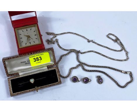 A yellow metal bar brooch set with a heart shaped opal and and diamonds, st. 9ct and an Anjelus travelling alarm clock, a sel