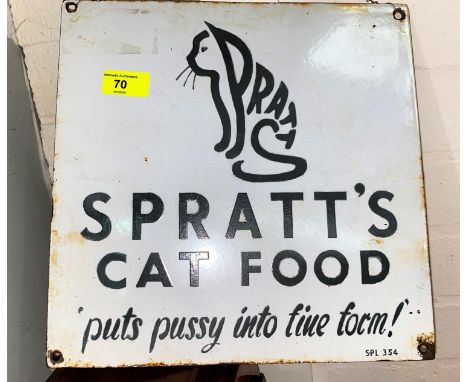 A white enamel sign for Spratt's cat food 'Puts Pussy into Fine Form', 30 x 30 cm.&nbsp; It is an original sign.