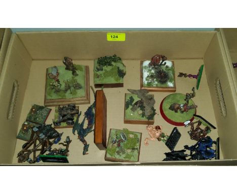 A selection of painted vintage Games Workshop Citadel miniatures, and some others, larger figures and small mounted dioramas 