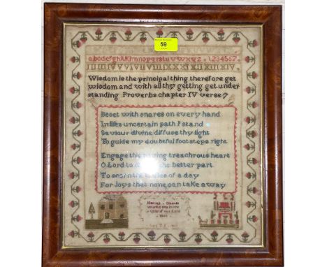 A needlework sampler by Harriet Clisold, 1845, 36 x 32 cm, framed and glazed