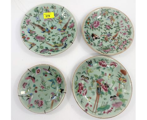 Four Chinese celadon glaze plates with polychrome decoration of bird, butterflies etc with seal marks to the bases, two 19cm,