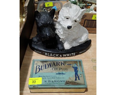A 'Black &amp; White' Scotch sign; a pub advertising sign a Bulwark cut plug tobacco tin