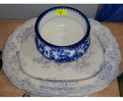 Losol-ware Cavendish blue and white vase (hairline crack to base) a large Victorian blue and white meat plate 