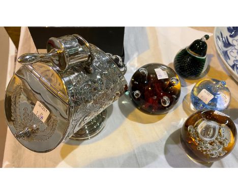 A Caithness paperweight and 3 other collectors' paperweights; a silver plated coal scuttle with embossed decoration, with sco