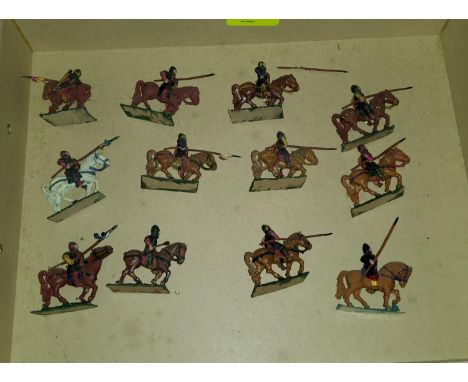 A selection of vintage Britain's style painted metal table topwar miniatures of Crusade spearmen on horse back 