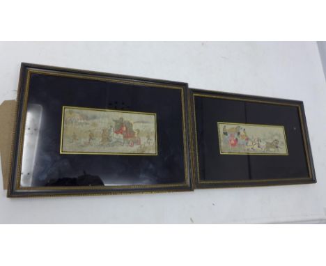 Two 19th century embroideries depicting the London to York stagecoach and a horse drawn fire engine, 6 x 13.5cm (largest) 