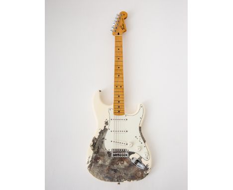Vhils (born 1987): 'Small Scratch' Fender Stratocaster Electric Guitar,2019,serial no. MX15690526, white finish, Laser engrav