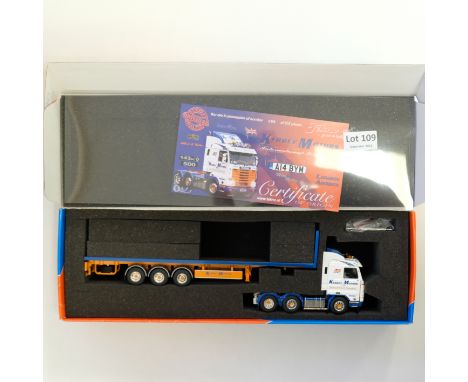 Manufacturer - Tekno | Description - Scania 143 Flatbed Trailer - Kerby Motors | Stock Code - 60952 | Model Condition - 5/5 |