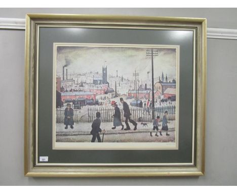 After Laurence Stephen Lowry RA (British 1882-1976) - views of a town, colour reproduction print, signed in pencil to the rig