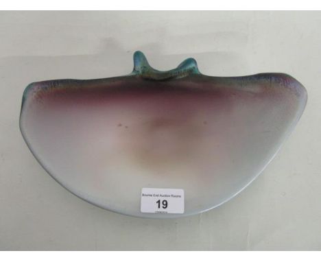 Venini, Murano, Italy - a shell shaped glass dish in opal shading to pink glass with an iridescent finish to the top and gree