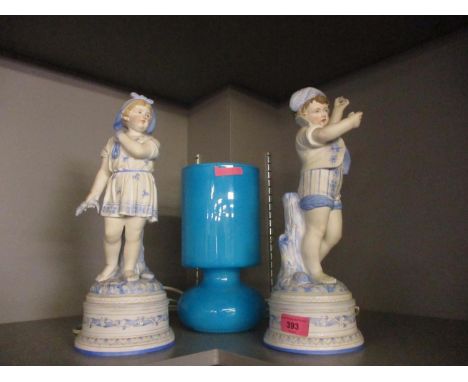 A pair of French coloured bisque figurines, together with a retro style turquoise coloured table lamp 