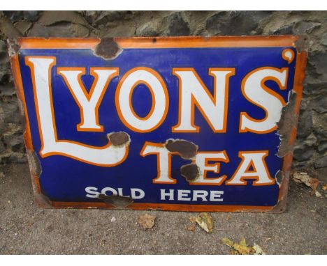 Vintage single sided enamel Lyon's Tea sign in orange, blue and white, 20" x 29" 