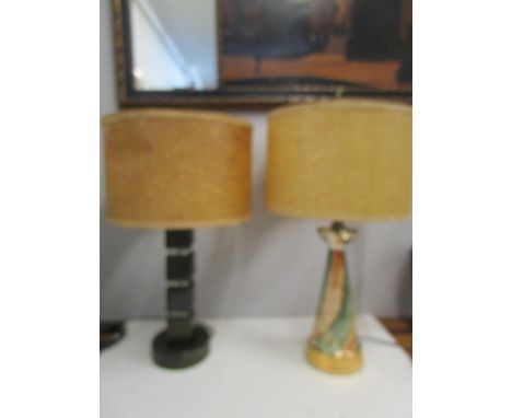 A Geometric stained green oak table lamp with Lucite spacers, 14 1/2" h (without fittings and shade) and a painted green and 